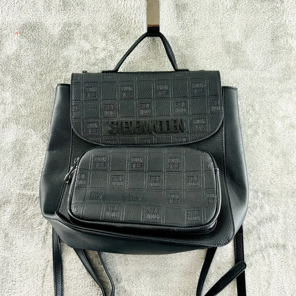 Steve Madden Bseyda Backpack Purse Black Embossed Faux Leather Adjustable Straps